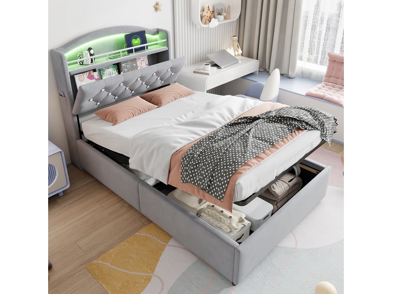  Lit enfant 90 x 200 cm avec rangement, led, usb et tête de lit rembourrée gris  - Conforama B