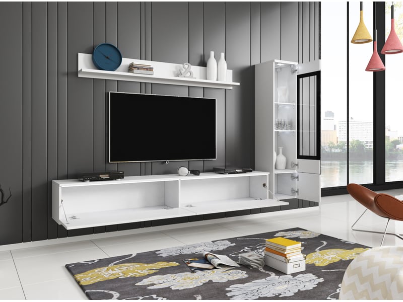  Ensemble salon 3 éléments: tv 180 + vitrine + étagère, blanc mat blanc brillant  - Conforama C