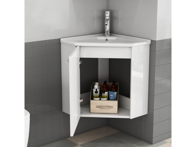  Meuble lave-mains d’angle gain de place avec vasque céramique 39,8 x 24,8 x 40 cm prémonté  - Conforama B
