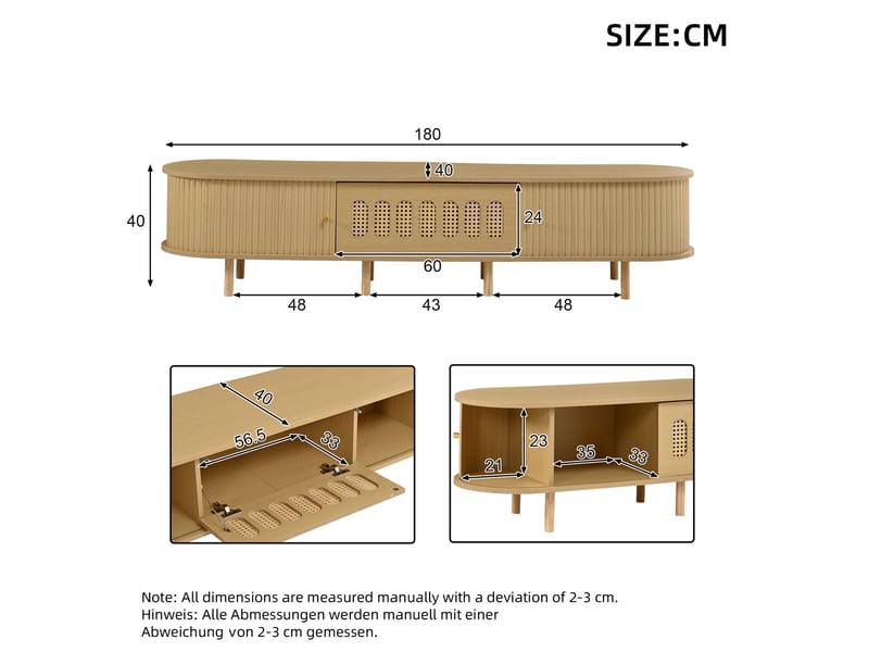  Meuble tv bas modenvie 180 x 40 x 40 cm avec portes à rideau mdf bois clair décor rotin  - Conforama C