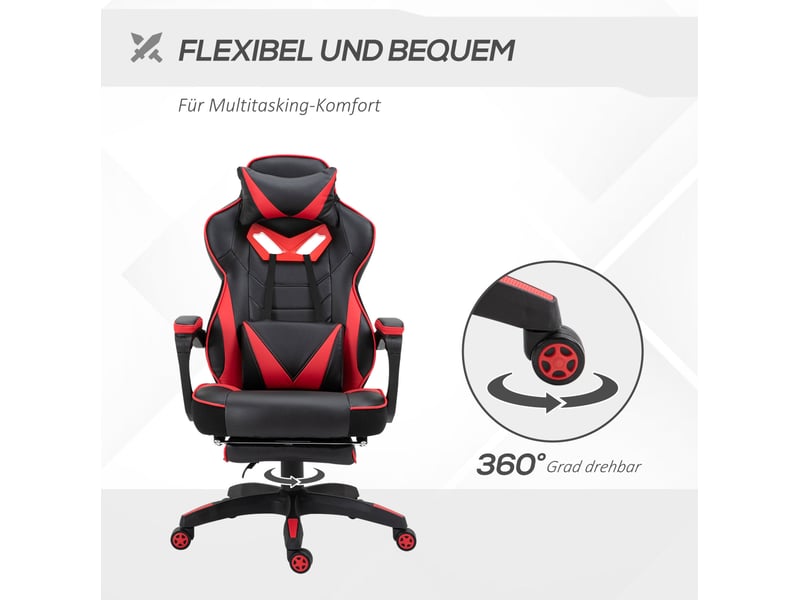  Chaise de bureau gamer avec fonction massage, dossier inclinable à 170° et repose-pieds réglable en similicuir noir  - Conforama E