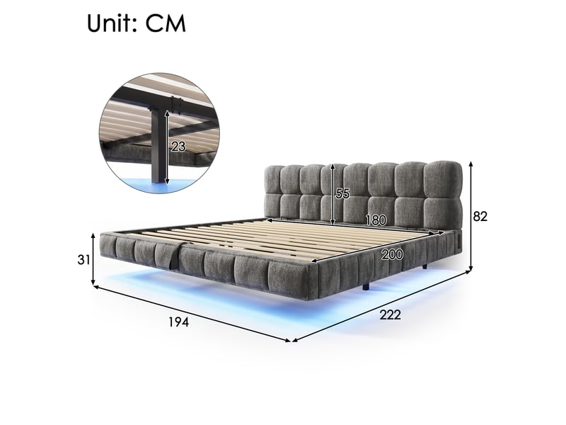Lit coffre bubble en chenille gris 180x200 cm avec led, usb et type-c Fay Lum - Conforama C
