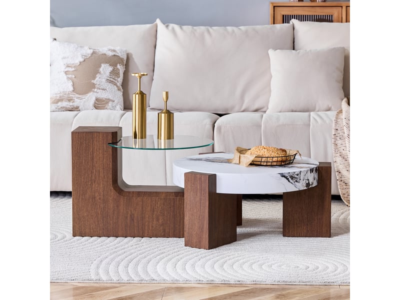  Tables basses gigognes rondes 61x30 cm et 44x44 cm - table de salon avec plateau marbre et verre trempé, pieds en l - noyer  - Conforama B