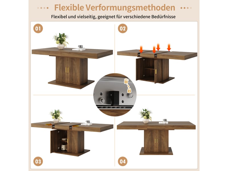 Table à manger extensible 140–180 cm, rangement intégré, portes rainurées - Conforama D