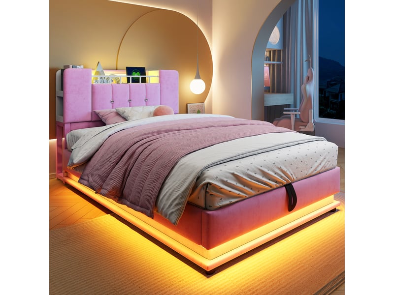  Lit coffre rembourré 90x200 cm coloris rose led tissu lit enfant rose - Conforama E