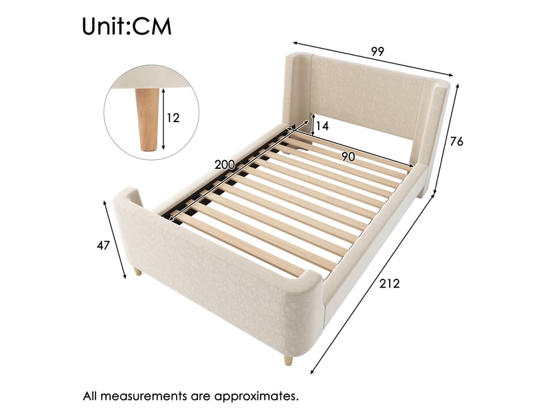  Lit simple 90x200cm, design simple, lit enfant avec tête de lit et sommier, velours beige, sans matelas  - Conforama C