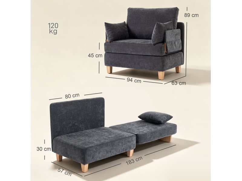  Fauteuil convertible 94x63x89 cm 2-en-1 fonction lit gris foncé  - Conforama C