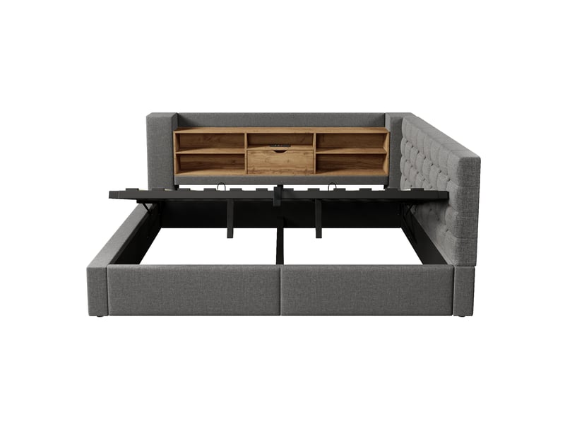  Lit coffre 140x200 cm avec matelas, tissu gris et led  - Conforama D
