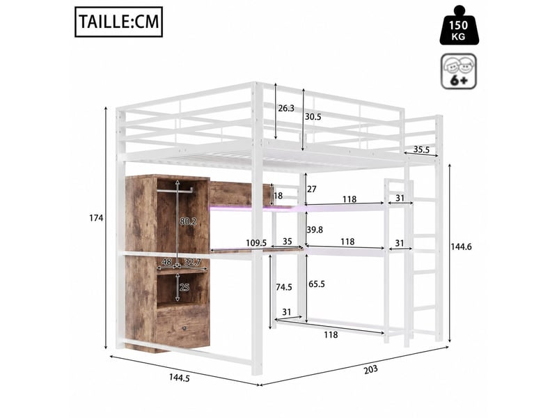  Lit mezzanine, lit double en métal avec bureau, tiroirs, étagères, grille, led et usb, 140x200 cm, sans matelas, blanc  - Conforama D