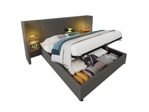 Lit double avec coffre 160x200 cm, tête de lit avec étagère, lampe de lecture, usb, sommier à lattes, tissu lin, gris