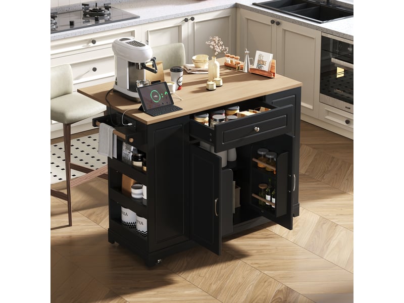Îlot de cuisine à roulettes avec plan extensible et prises, noir et naturel - Conforama C