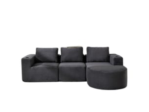 Canapé double 2 places 265 cm avec coussins et porte-gobelets, tissu velours côtelé gris foncé
