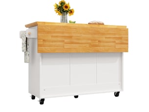 Îlot de cuisine à roulettes 120 cm, desserte de cuisine blanc et noir avec plateau pliable et 5 tiroirs