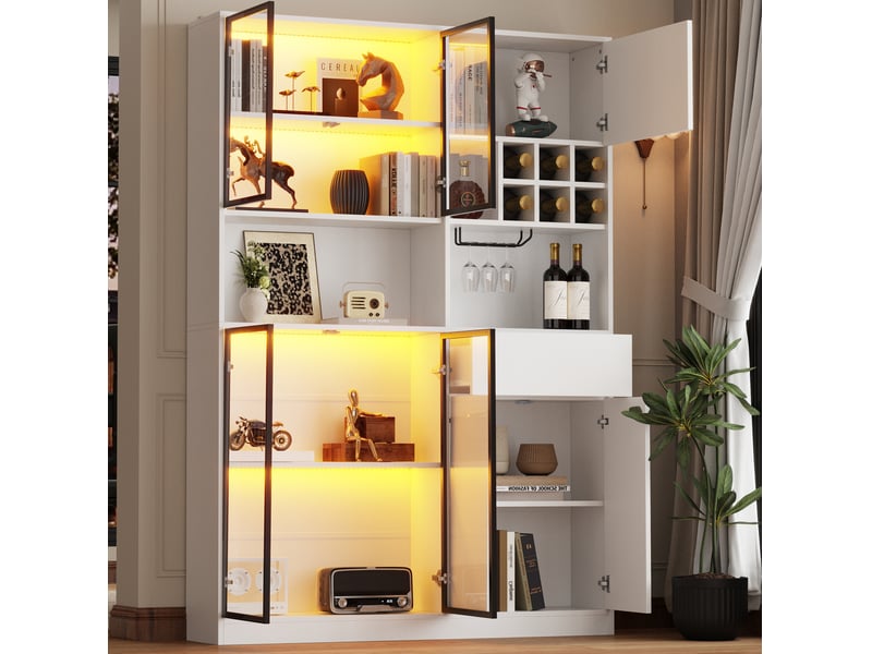 Vitrine avec led, 7 portes, 1 tiroir, 9 niches, range-verres et casiers à bouteilles, pour salon 140 × 30 × 200 cm - Conforama D