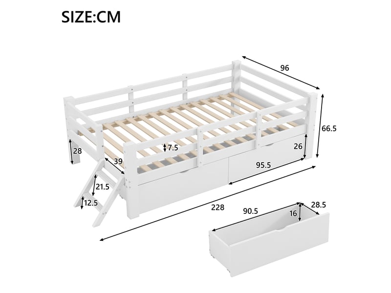  Lit enfant plateforme 90x200 avec barrières 2 tiroirs pin mdf blanc OPULERANE TRADING LTD - Conforama C
