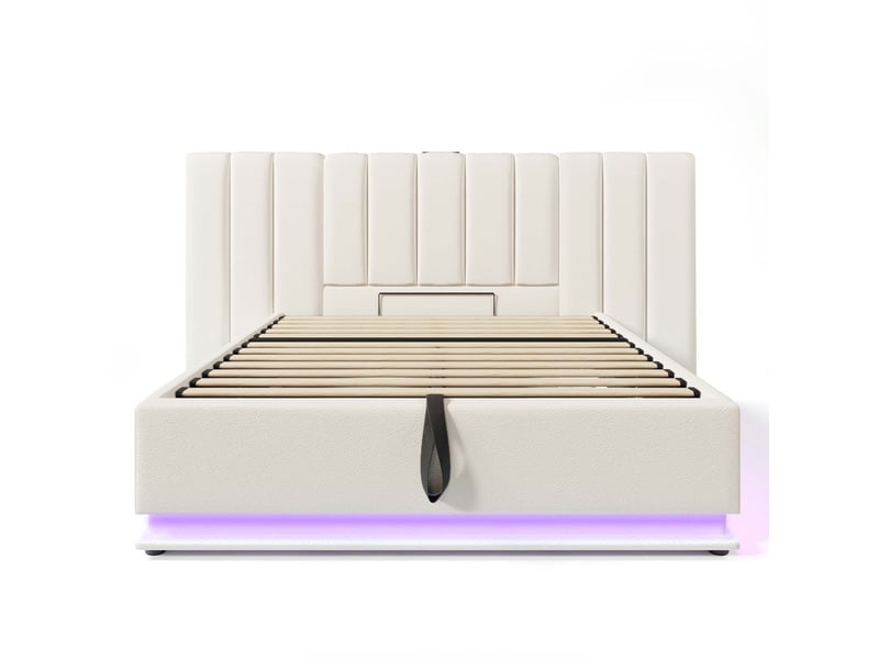  Lit coffre 180x200 cm blanc pu avec led app control usb-c sommier matelas inclus  - Conforama A