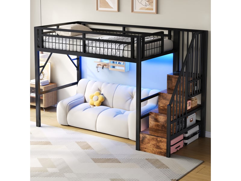  Lit surélevé 90 x 200 cm noir, led, marches avec rangement, espace ouvert, structure métallique, sans matelas  - Conforama D