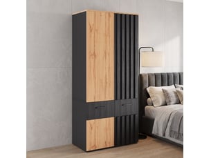 Armoire 2 portes avec penderie, 2 tiroirs et 2 niches, décor lamellé noir et bois naturel, chambre 90 × 50 × 200 cm