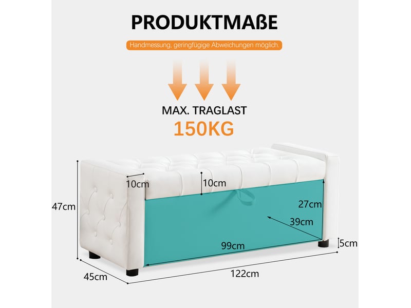  Banc de rangement 122x45x47 cm blanc en simili cuir pu, assise capitonnée, coffre intégré pour chambre  - Conforama C