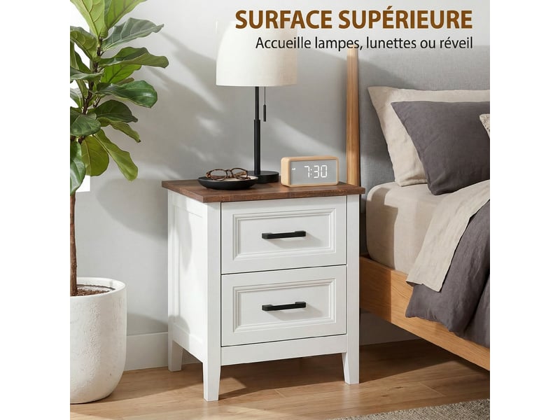  Table de chevet 45 x 35 x 50 cm 2 tiroirs rangement style rustique cosy finition effet bois dessus pratique en mdf blanc 21_0003790  - Conforama D