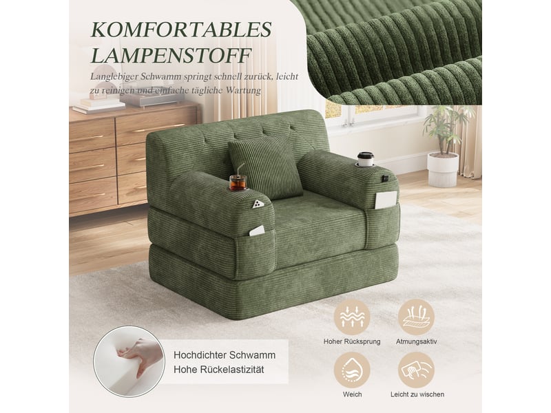  Canapé droit 1 place en velours côtelé vert avec haute dossier et structure métallique pour salon moderne  - Conforama W