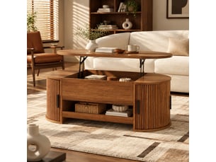 Table basse relevable en mdf finition bois foncé avec rangements cachés et portes coulissantes pour le salon