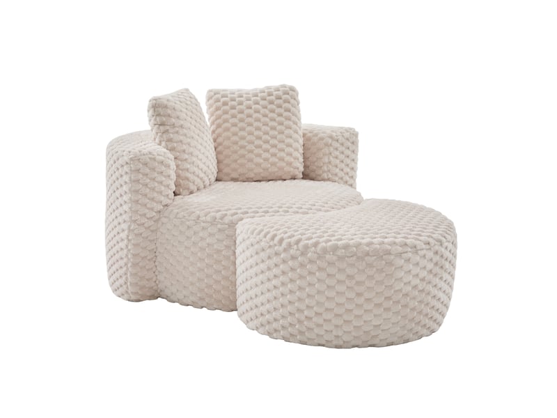  Fauteuil avec pouf design baril 360 avec assise ergonomique et confort relaxant, en tissu beige, 129 × 116 × 65 cm  - Conforama A