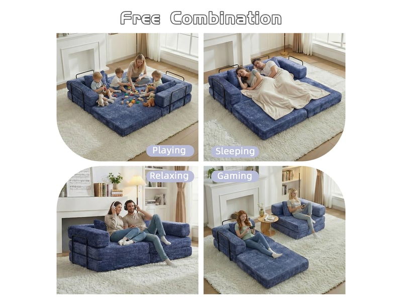  Canapé-lit compressé convertible 2 places, cadre fixe, modulable sans armature, chenille, sans montage, bleu foncé  - Conforama D