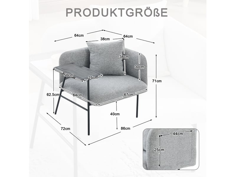 Fauteuil en chenille avec table d’appoint intégrée, poches latérales et dossier incurvé gris, 86 × 72 × 71 cm - Conforama D