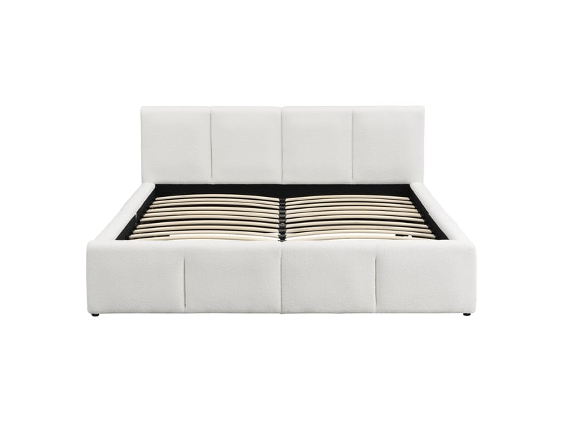  Lit double minimaliste 180x200 cm avec rangement, sommier à lattes, style moderne, tissu bouclette beige, sans matelas  - Conforama W