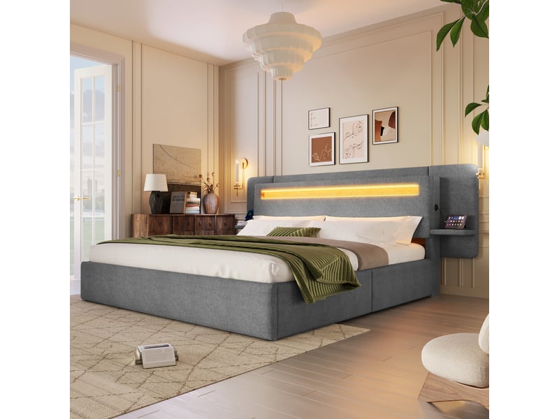  Lit coffre rembourré 180 x 200 cm, lit double avec rangement hydraulique, chevet intégré, port usb et éclairage led multicolore,gris evarich - Conforama B