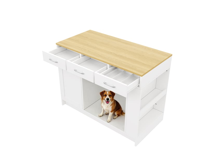  Îlot de cuisine 120x60x90 cm avec 3 tiroirs, 1 range-épices, plateau réglable, mdf, blanc  - Conforama D