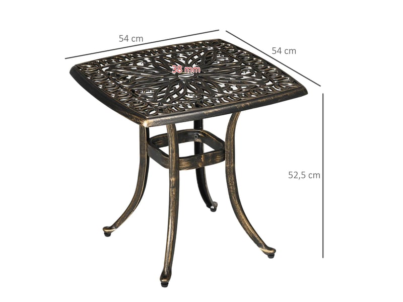 Table d'appoint extérieure 54x54x52,5 cm bronze en aluminium, trou pour parasol et pieds réglables - Conforama C