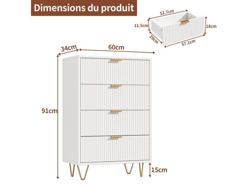  Commode blanche 4 tiroirs, commode chambre meuble de rangement moderne armoire chambre à tiroirs  - Conforama C