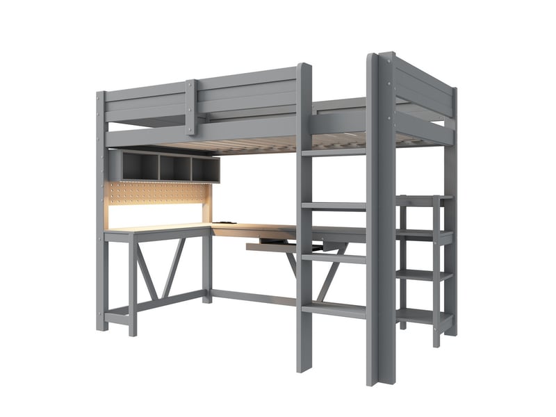 Lit mezzanine, 90 x 200 cm, lit en bois, étagères, tiroir pour clavier dissimulé, prises électriques, barre de penderie, gris - Conforama A