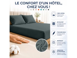 Drap housse 100% percale de coton 80 filscm² - grand bonnet 30 cm – fabrication européenne – doux, résistant – oeko-tex®