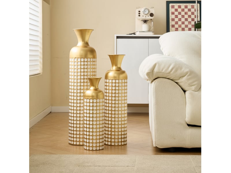 Lot de 3 vases de sol en métal doré à pois blancs, hauteurs 50, 66 et 83 cm pour fleurs séchées décoratives - Conforama E