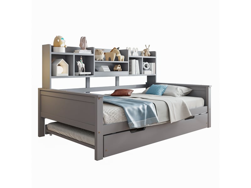  Canapé-lit 90x200 cm avec lit gigogne 90x190 cm, lit multifonctionnel en pin avec compartiment de rangement, gris, pour 1 personne  - Conforama R