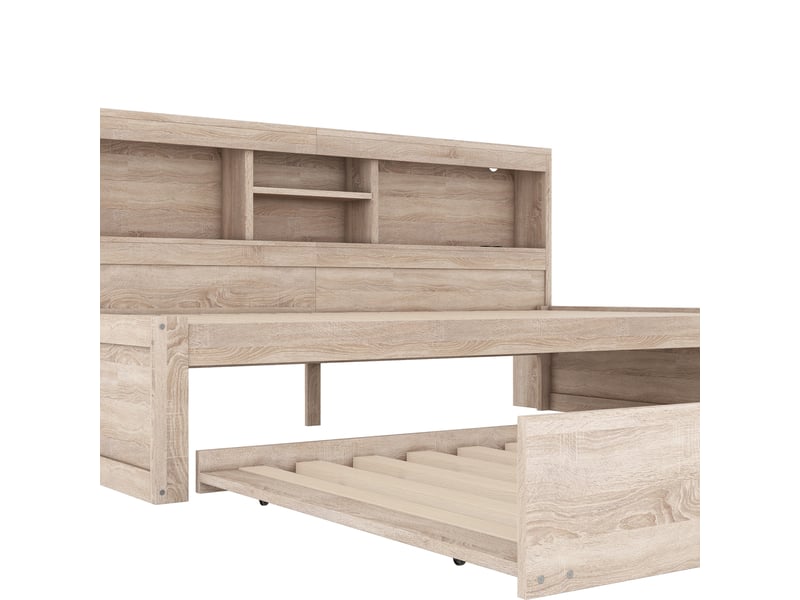 Lit gigogne 2 places 90x200 cm et 90x190 cm avec led, prises, usb et rangements, sans matelas, blanc et naturel - Conforama E
