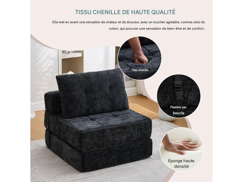  Chauffeuse convertible pliante en tissu chenille noir avec coussins W3056P316756 - Conforama E