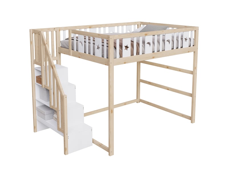  Lit superposé enfant 140*200 cm en bois massif, échelle, garde-corps et déco étoiles.  - Conforama A