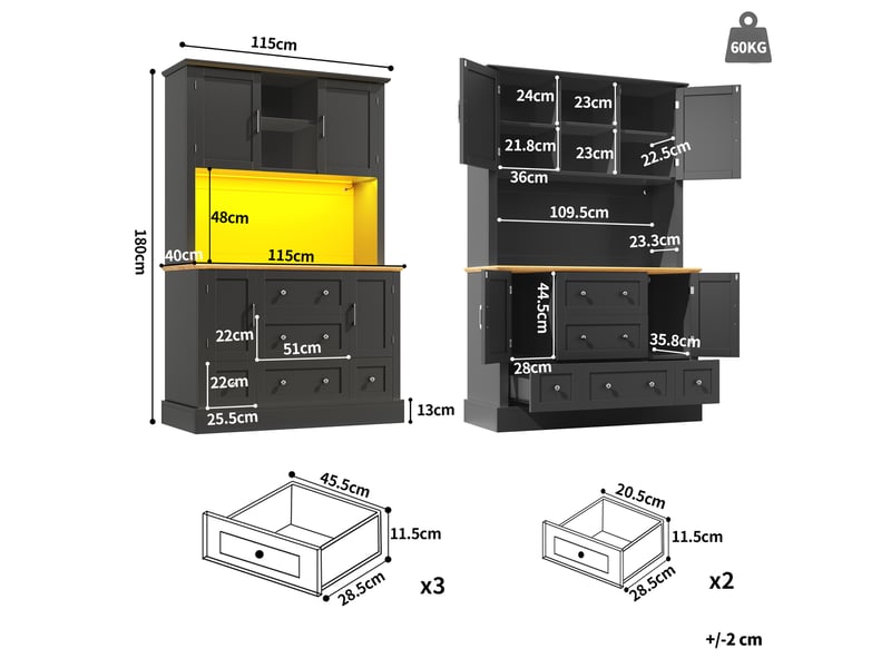  Buffet cuisine 2 portes, 107 x 43 x 184 cm, éclairage led, 6 crochets, espace de travail et dispositif anti-basculement, mdf, noir Morn Vibe - Conforama C