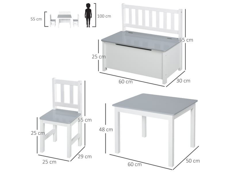  Ensemble table et chaises pour chambre d'enfant, comprenant une table, deux chaises et un coffre en bois, blanc et gris.  - Conforama D