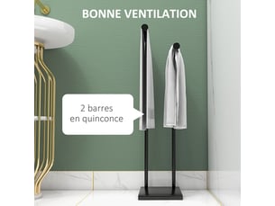 Porte-serviettes sur pied en acier avec 2 barres support noir - pour serviette 35,5l x 20p x 78h cm