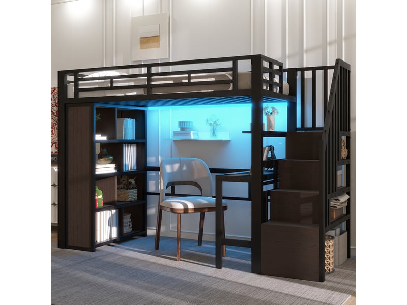  Lit mezzanine 90 x 200 cm sans matelas, structure métal, bureau, led, usb, escalier avec rangement, noir  - Conforama E