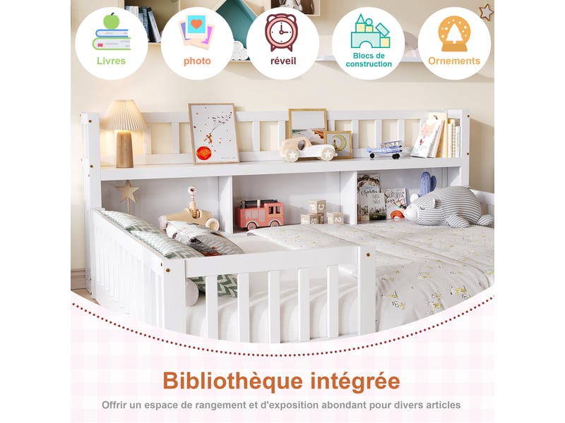 Lit enfant au sol 140 x 200 cm montessori avec barrières - tête de lit avec niches de rangement - sommier à lattes inclus - entrée ouverte basse - cadre de lit deux places ras du sol pour petite fille ou garçon pour chambre d'en… - Conforama D