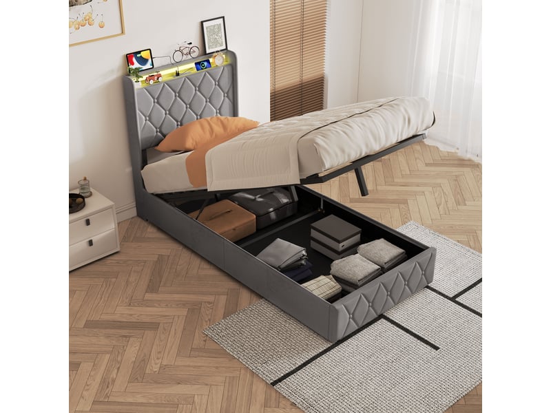 Lit coffre simple 90x200 cm avec tête de lit matelassée et sommier, led et ports usb-c, velours, gris, sans matelas - Conforama R
