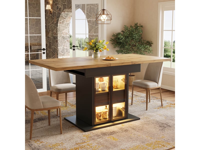  Table à manger extensible led 110-140 cm, 2 tiroirs, portes vitrées coulissantes, rangement intégré, noir et naturel Sol Morn - Conforama B