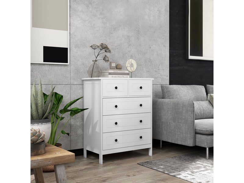  Commode à 5 tiroirs en bois gain de place et anti-basculement, 74 x 40 x 91 cm, blanche  - Conforama C