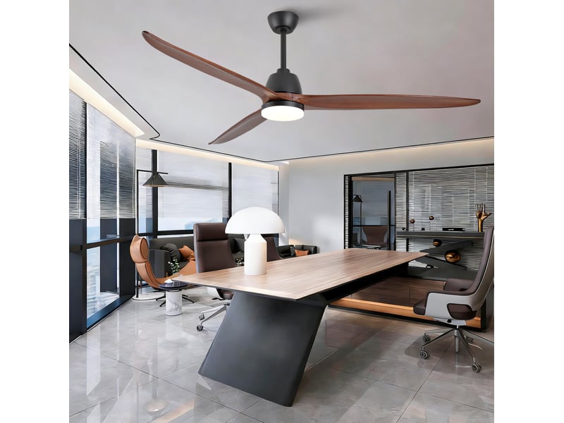  Ventilateur de plafond 72 pouces, éclairage led 3 tons, structure bois et métal, moteur dc réversible, 6 vitesses, couleur noir noyer  - Conforama E
